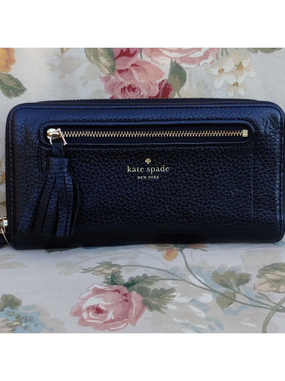 Kate Spade Black Pebbled Zipper Wallet With Tassel